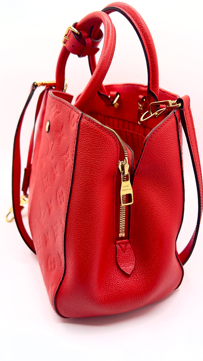 Louis Vuitton Red Montaigne MM Leather Tote Bag.