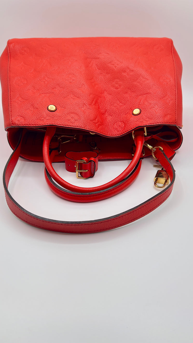 Louis Vuitton Red Montaigne MM Leather Tote Bag.