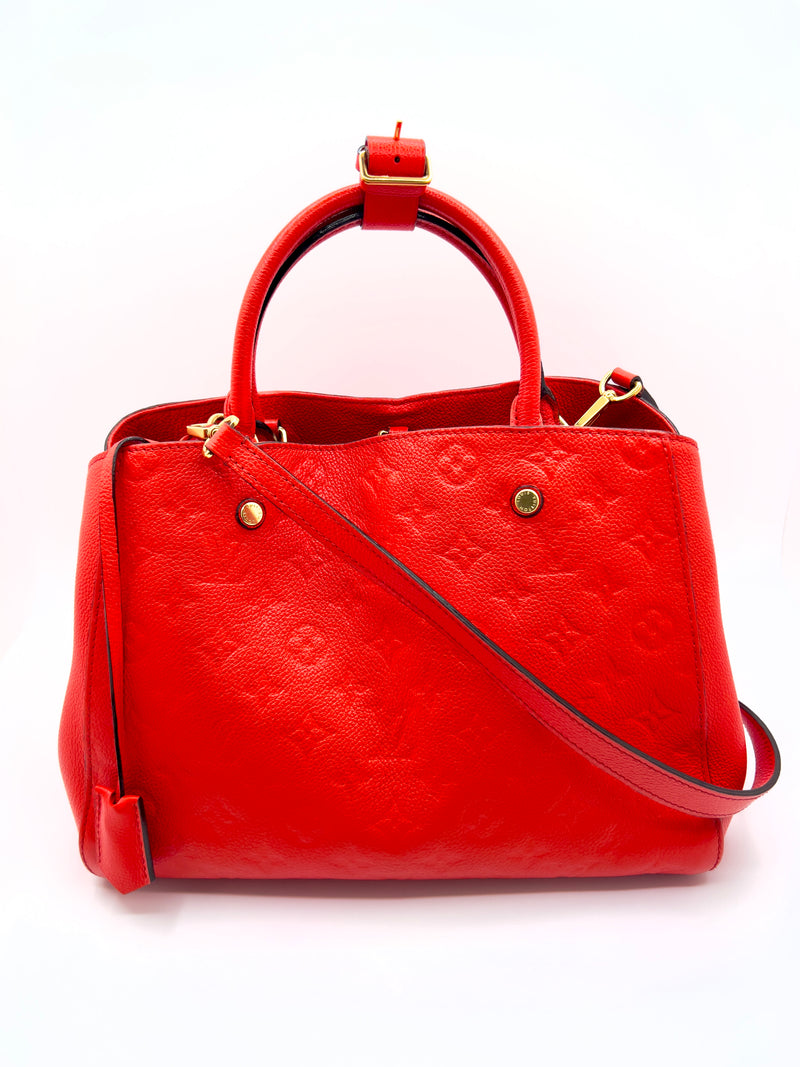 Louis Vuitton Red Montaigne MM Leather Tote Bag.