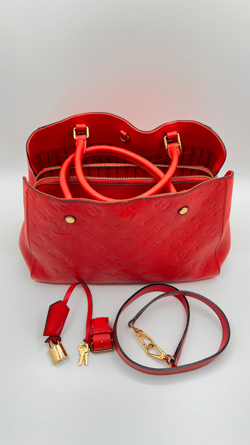 Louis Vuitton Red Montaigne MM Leather Tote Bag.