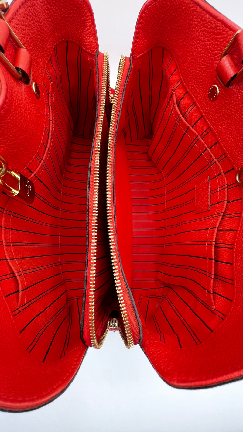 Louis Vuitton Red Montaigne MM Leather Tote Bag.