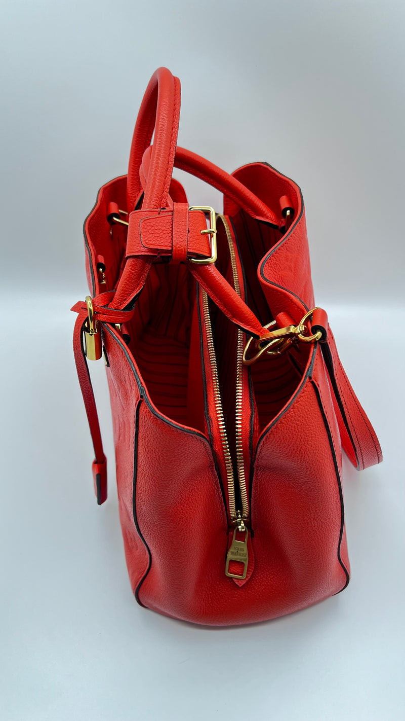 Louis Vuitton Red Montaigne MM Leather Tote Bag.