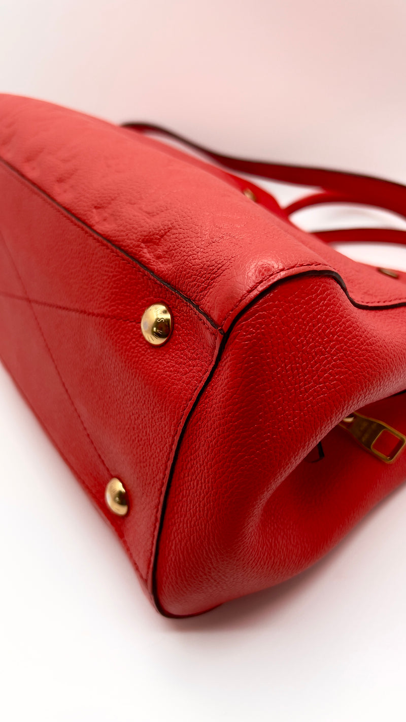 Louis Vuitton Red Montaigne MM Leather Tote Bag.