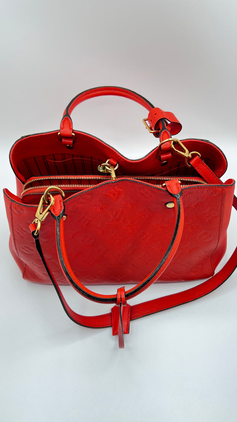 Louis Vuitton Red Montaigne MM Leather Tote Bag.