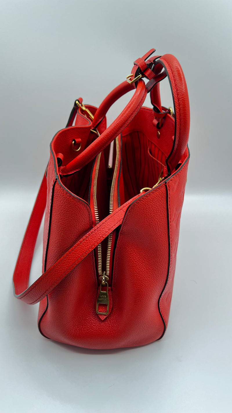 Louis Vuitton Red Montaigne MM Leather Tote Bag.